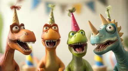 Crédence de cuisine en verre imprimé Dinosaures Dinosaurier Grußkarte Kartenmotiv für Geburtstagsfeier mit lustigen fröhlichen lachenden Dinos mit Partyhut Konfetti und Luftschlangen Generative AI