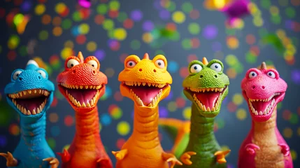 Photo sur Plexiglas Dinosaures Dinosaurier Grußkarte Kartenmotiv für Geburtstagsfeier mit lustigen fröhlichen lachenden Dinos mit Partyhut Konfetti und Luftschlangen Generative AI