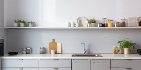 Fototapeta na wymiar Modern stylish Scandinavian kitchen interior with kitchen accessories. AI Generative.
