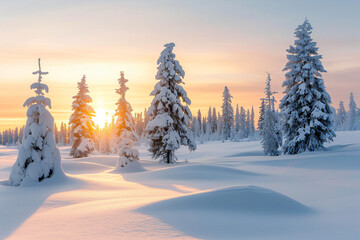 hoto snowy panoramic landscape at sunset