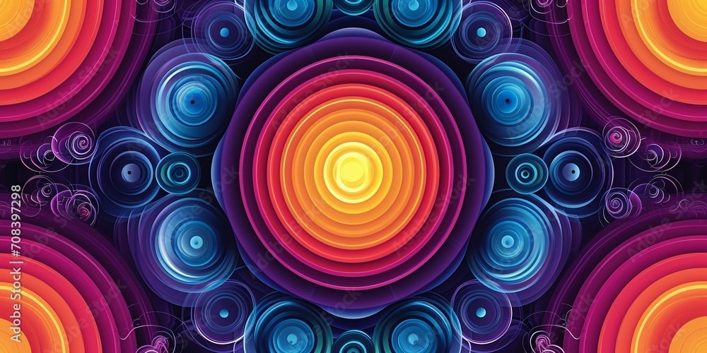 Wall mural A symmetrical composition of circular patterns with vibrant gradients. Aim for a retro-inspired design reminiscent of the 80s. Use a macro lens to capture the intricate details of the gradients - Wall murals