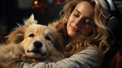 Young woman with headphones hugging a dog