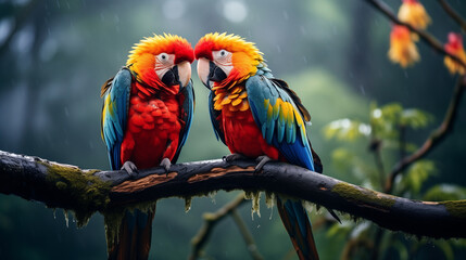 Obraz premium Tropical parrots sitting on a tree branch in the rainforest