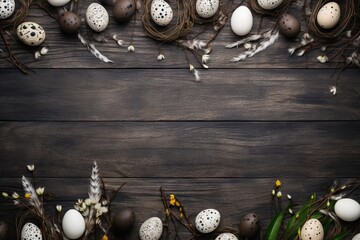 Frame with easter eggs and feathers on dark wooden background. Happy Easter concept. Simple spring template, greeting card, banner. Top view, flat lay with copy space