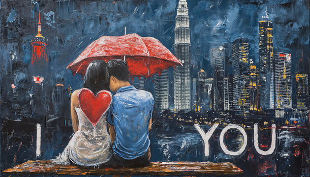 Romantic Couple Under Red Umbrella Cityscape Painting