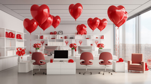 large spacious office with balloons in the shape of red hearts