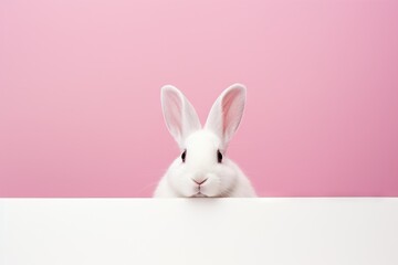 Obraz premium White rabbit pick up on a light pink background with copy space. Easter minimalistic concept with copy space. Cute pet for background, poster, print, design card, banner, flyer