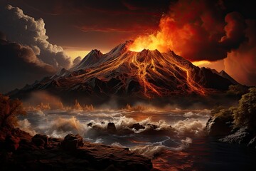 large volcanic eruption with a large release of smoke and ash, at the foot of the volcano city, river, natural disaster, Generative AI