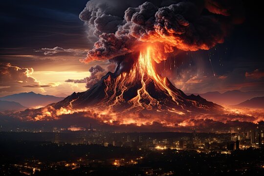 large volcanic eruption with a large release of smoke and ash, at the foot of the volcano city, river, natural disaster, Generative AI