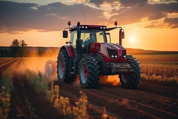 tractor on a country road in a village against the backdrop of a house and sunset. Illustration for cover, interior design. AI generativ.