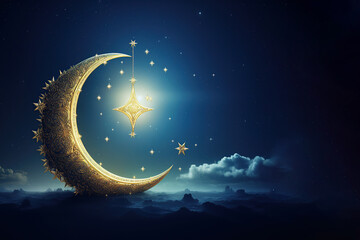 Obraz na płótnie Canvas Crescent moon and star suspended in a mystical night sky, evoking the spiritual significance of Ramadan in Islam.