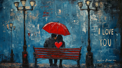 Romantic Embrace Under Red Umbrella Painting