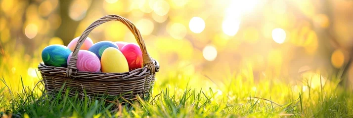 Crédence de cuisine en verre imprimé Jaune Easter Painted Eggs In Basket On Grass In Sunny Orchard Easter Painted Eggs In Basket On Grass