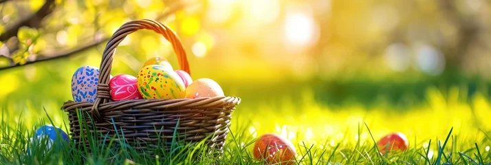 Rolgordijnen Easter Painted Eggs In Basket On Grass In Sunny Orchard Easter Painted Eggs In Basket On Grass © PinkiePie