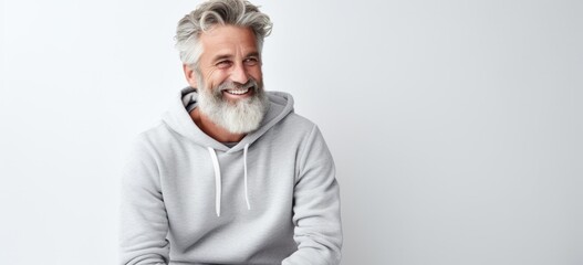 Mature man with gray hair smiling wearing casual hoodie. Casual style and confidence. - obrazy, fototapety, plakaty