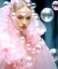 Fashion surreal Concept. Stunning beautiful woman of floating dreamy bubble in pastel pink romantic magical background. illuminated with soft composition and natural lighting. copy text space	
