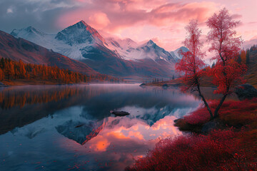 Pink Sky And Mirror Like Lake At Sunset In Red