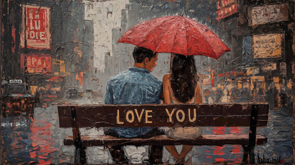 Intimate Couple Sharing a Moment Under a Red Umbrella Oil Painting