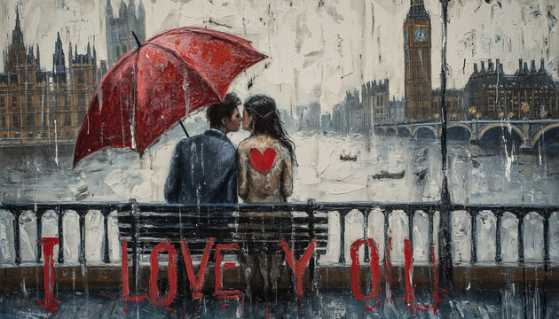 Romantic Embrace Under Red Umbrella in Rainy London Painting