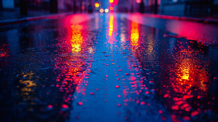 Raining on the road and beautiful neon light reflected on it