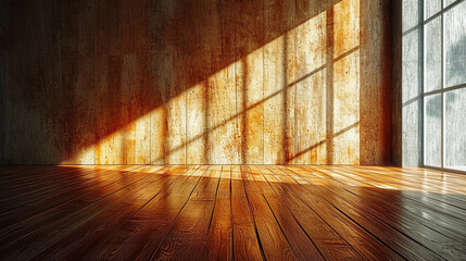 Wooden floor, wall with worm daylight shadow