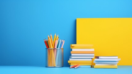 Creative School Accessories Concept Photo with Stationery on a Blue Desk, Notebooks Stack, Pens, and Plastic Alphabet Letters – Vibrant Yellow Wall Background Copyspace
