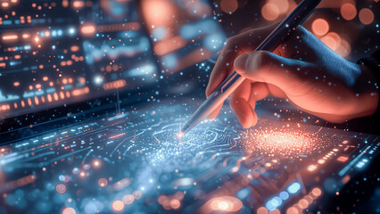 The person writing on a computer screen with blinking lights around, in the style of hyper-realistic sci-fi.Background for technology design or business concept.