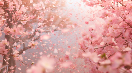 Background with branches of blooming delicate sakura with falling pink petals. The beauty of spring. Romantic holiday. Wellness and beauty. Meditation and relaxation.