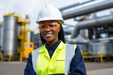 Black female chemical engineer wearing hard hat and safety glasses at industrial plant