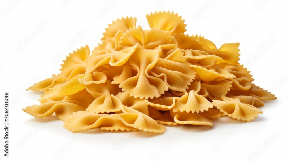 Poster a mound of farfalle pasta captured in a close-up realistic photo against a white background generati
