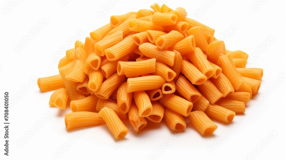 Poster a pile of rigatoni pasta showcased in a close-up realistic photo against a white background generati