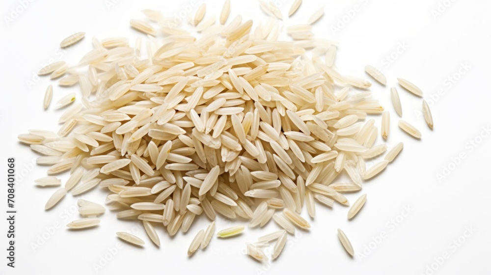 Poster A small heap of rice grains captured in a close-up realistic photo against a white background Generative AI