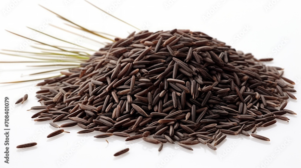 Poster A small heap of wild rice captured in a close-up realistic photo against a white background Generative AI