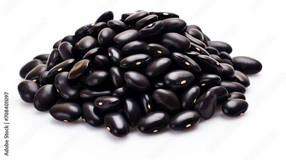 Poster a small pile of black beans showcased in a close-up realistic photo against a white background gener
