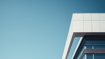 Modern building facade with geometric lines and a clear blue sky in the background.
