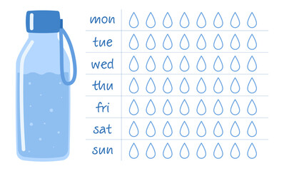 Water tracker. Drink more water. Drinking water checklist. Water bottle. Vector illustration in flat doodle style 