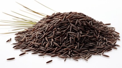 A small heap of wild rice captured in a close-up realistic photo against a white background Generative AI