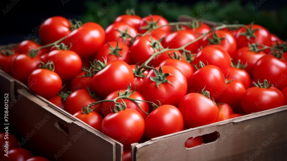 Poster box filled with vibrant red tomatoes, close-up realistic photo generative ai