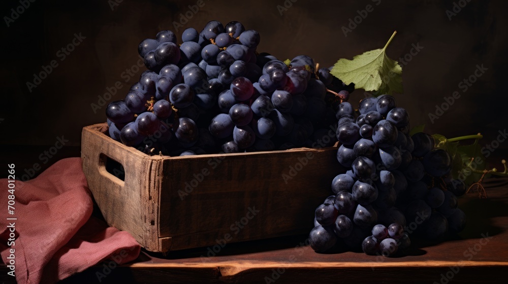 Poster Close-up realistic photo featuring a box filled with plump black grapes Generative AI