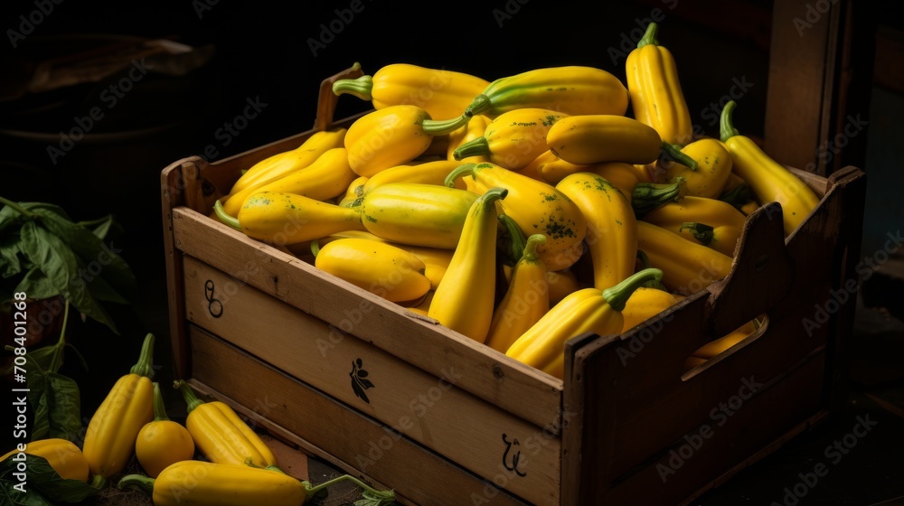 Poster Close-up realistic photo featuring a box filled with yellow summer squash Generative AI