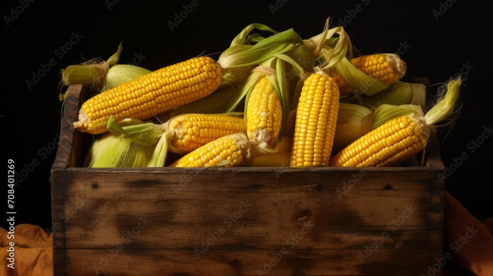 Aufkleber close-up realistic photo capturing a box brimming with yellow corn cobs generative ai