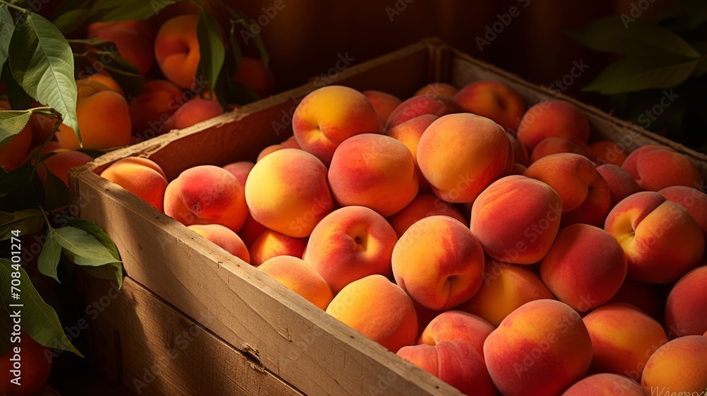 Poster Close-up realistic photo featuring a box overflowing with ripe peaches Generative AI