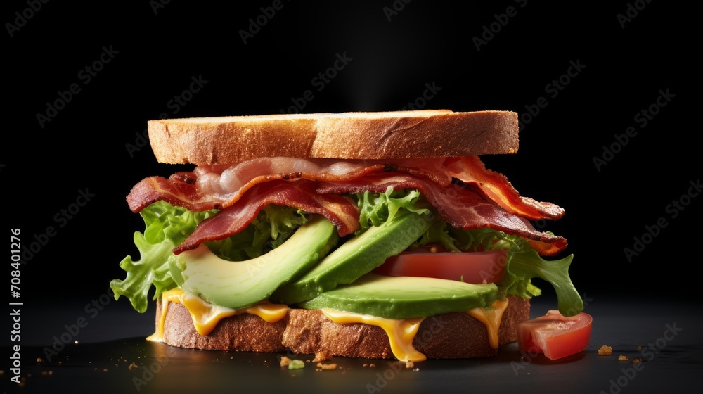 Poster close-up realistic photo featuring a gourmet avocado and bacon sandwich on a white background genera