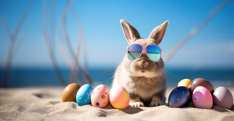 A whimsical bunny wearing sunglasses sits on the beach next to colorful Easter eggs, merging...