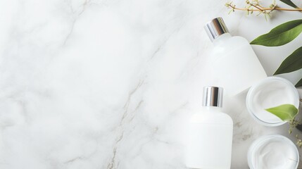 Obraz na płótnie Canvas Elegant Skincare Concept: Top View of Luxury Cream Jar and Transparent Dropper Bottles on White Marble Background with Copyspace - Beauty and Wellness