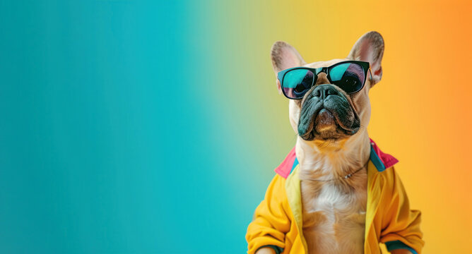 A cool French bulldog dons trendy sunglasses, embodying the carefree spirit of summer against a colorful gradient background