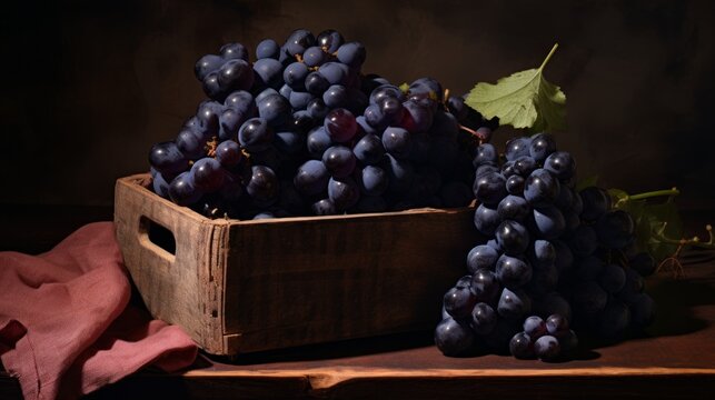 Close-up realistic photo featuring a box filled with plump black grapes Generative AI