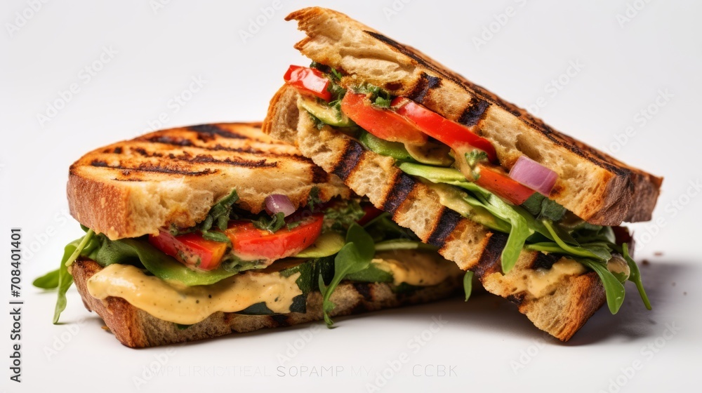 Poster close-up realistic photo of a veggie-loaded hummus and grilled vegetable sandwich on a white backgro