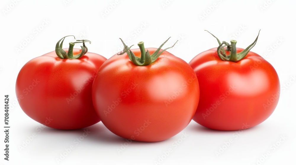 Poster close-up realistic photo of three plump, ripe tomatoes on a white background generative ai