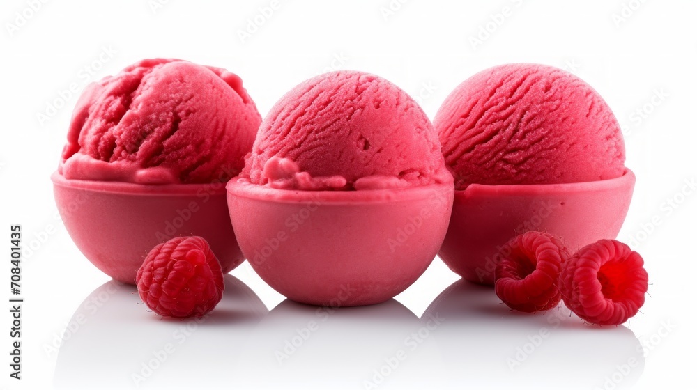 Poster Close-up realistic photo of three scoops of raspberry sorbet on a white background Generative AI
